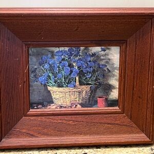 Vintage Rustic Wooden Framed Blue Floral Art